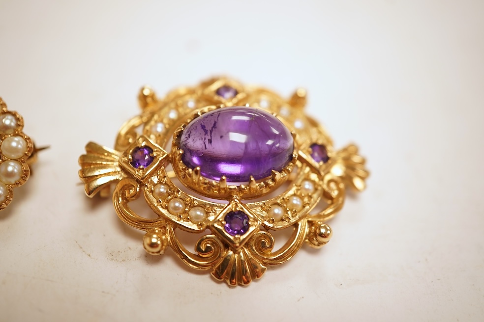 A cabochon amethyst and half pearl brooch, mounted in 9ct gold, length 3.7cm, British hallmarks, gross weight approximately 9.5 grams; and a 9ct half pearl wreath brooch, length 2.1cm, British hallmarks, gross weight 2 g